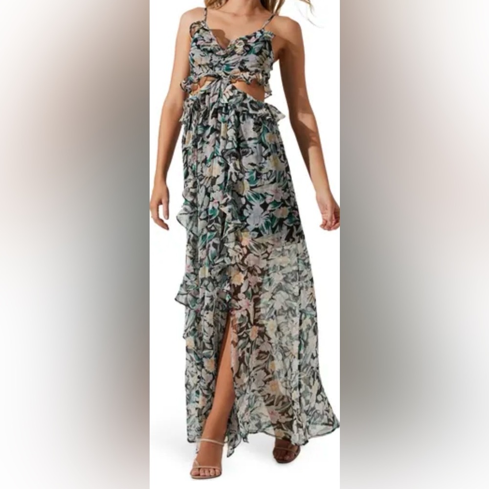 ASTR Floral Ruffle Cutout Maxi Dress in Green, White, Black